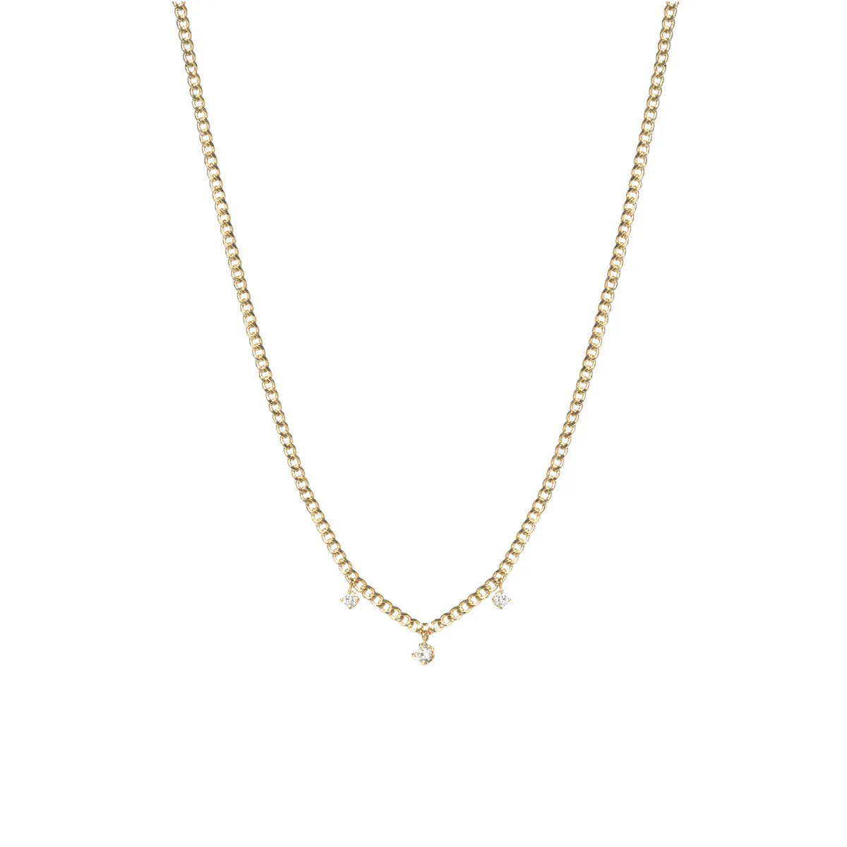 14k 3 Dangling Prong Diamond Extra Small Curb Chain Necklace