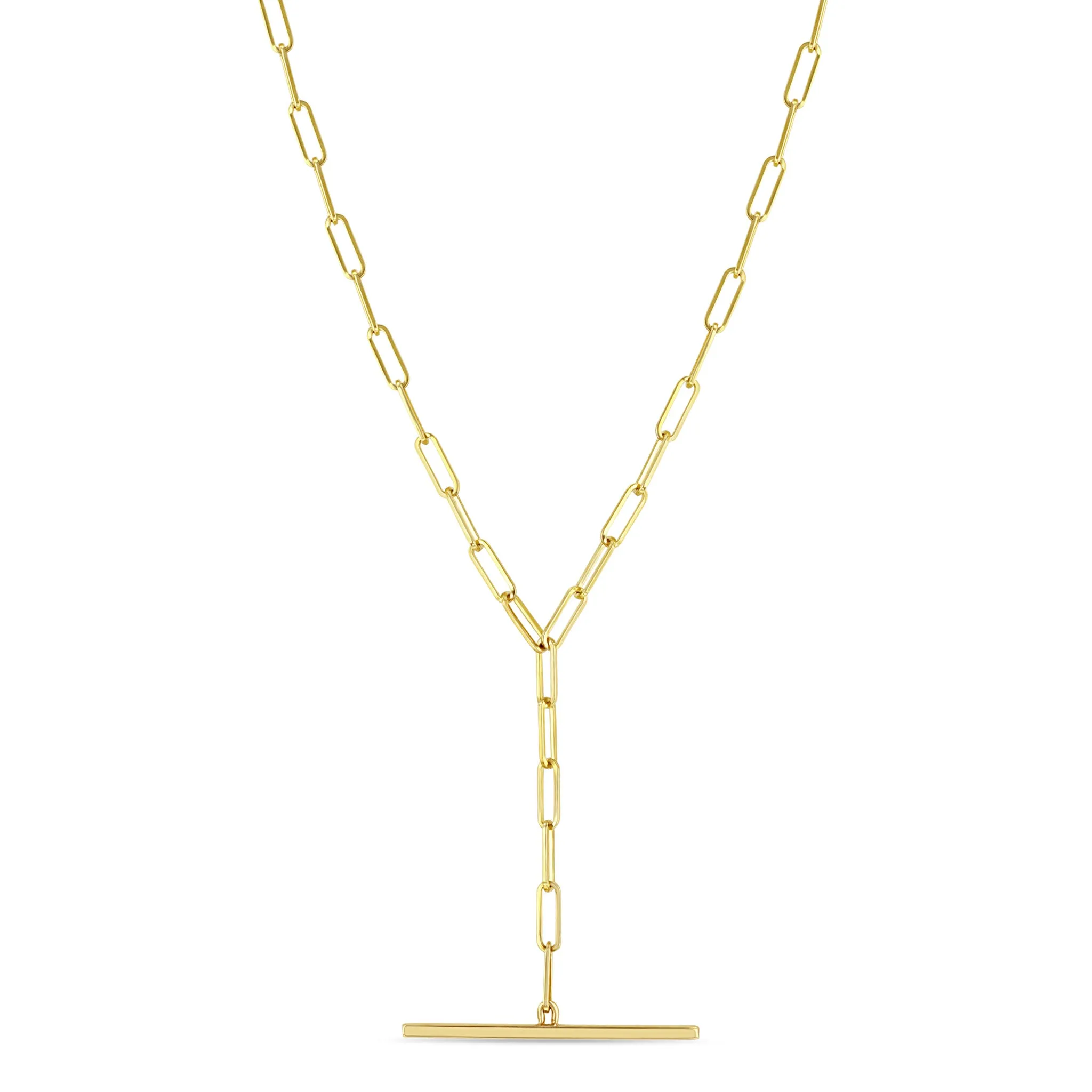 14k Gold Small Paperclip Chain Faux Toggle Lariat Necklace