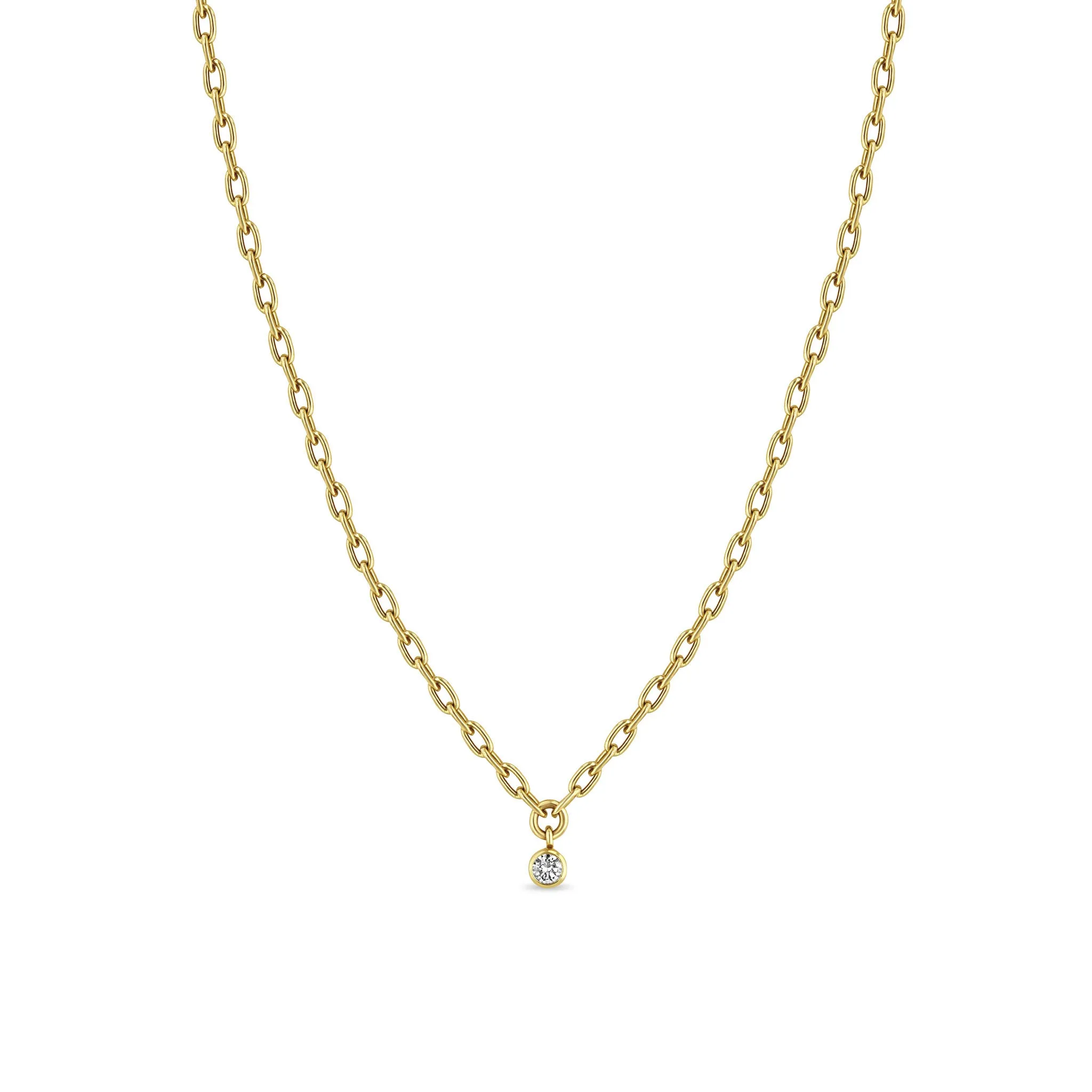 14k Small Square Oval Link Dangling Diamond Bezel Necklace