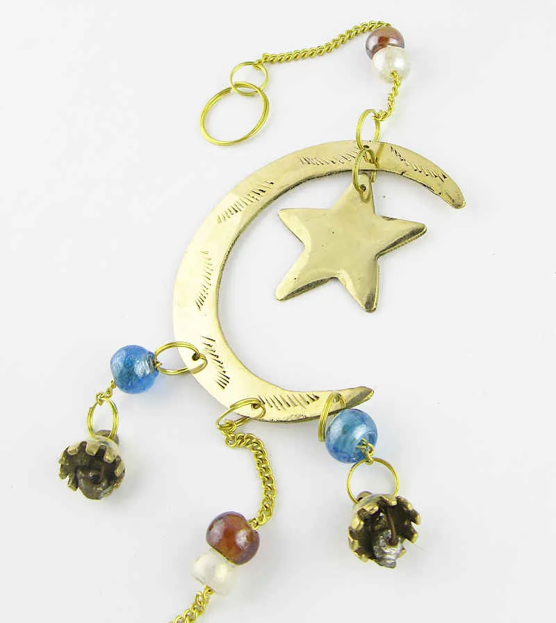 3 Crescent Moons and Stars Long Brass Wind Chime