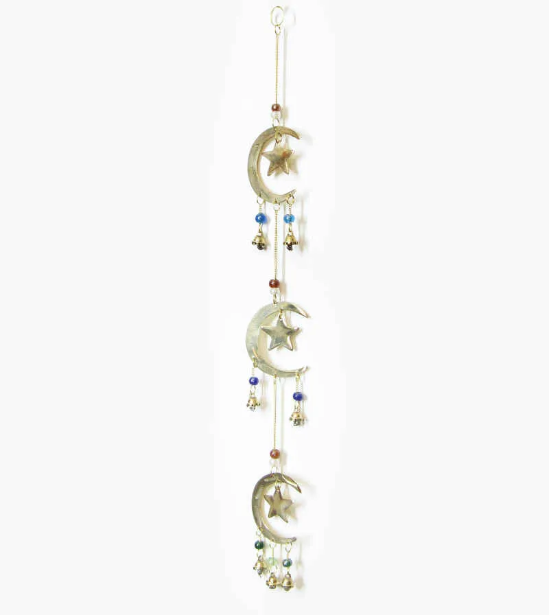 3 Crescent Moons and Stars Long Brass Wind Chime