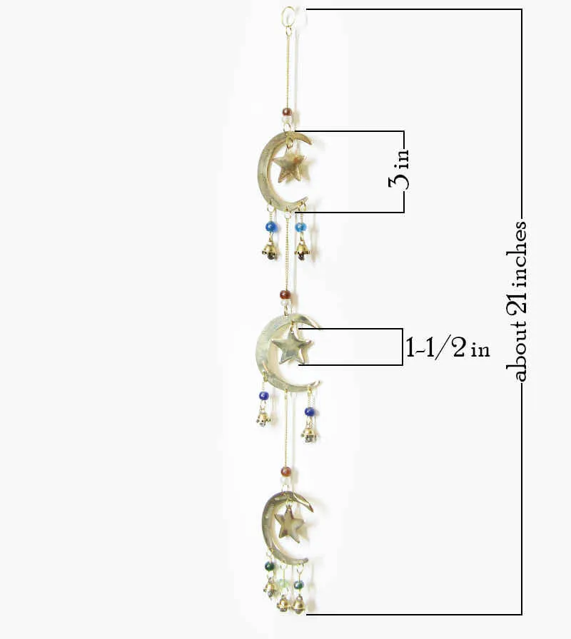 3 Crescent Moons and Stars Long Brass Wind Chime