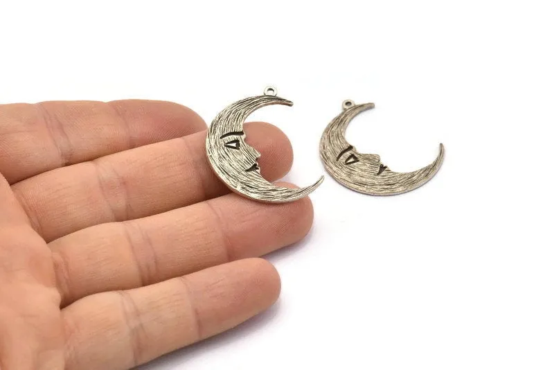 Antique Moon Charm, 4 Antique Silver Plated Brass Crescent Moon Charms With 1 Loop (32x1.2mm) N1512