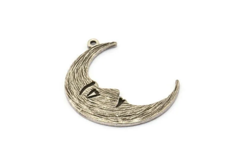 Antique Moon Charm, 4 Antique Silver Plated Brass Crescent Moon Charms With 1 Loop (32x1.2mm) N1512