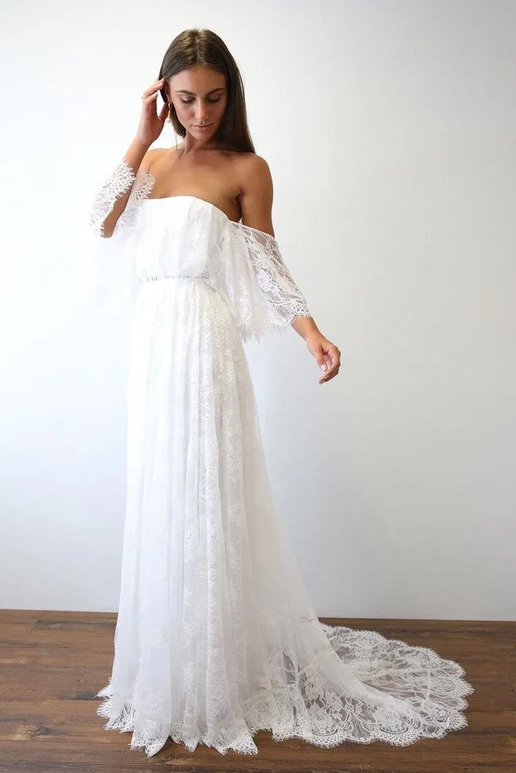 Beach Wedding Dresses Half Sleeve Off the Shoulder Lace Sexy Simple Boho Bridal Gowns