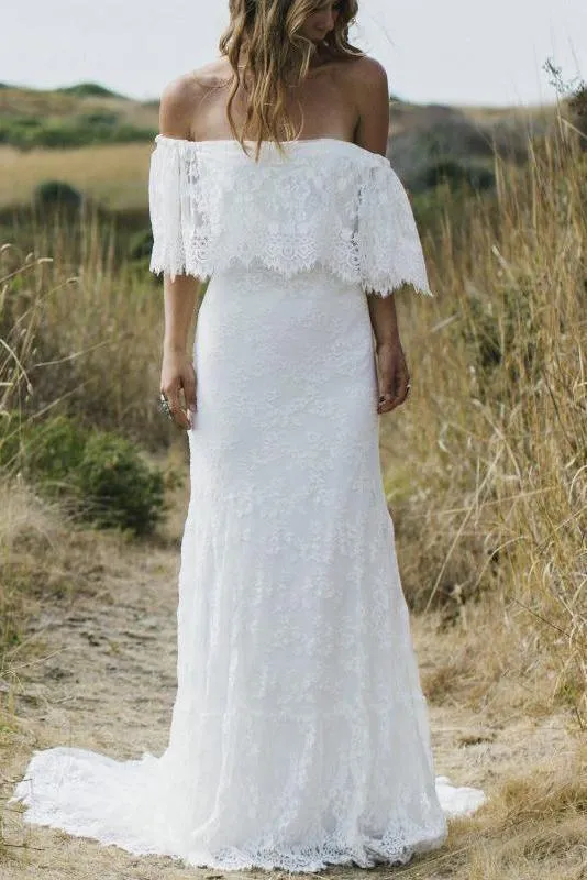 Beach Wedding Dresses Half Sleeve Off the Shoulder Lace Sexy Simple Boho Bridal Gowns