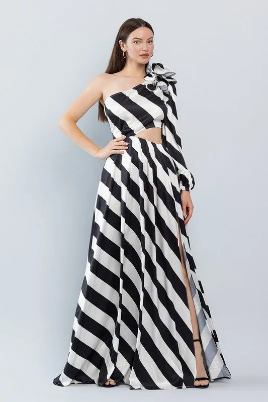 Bellucci Striped One Shoulder Maxi Black