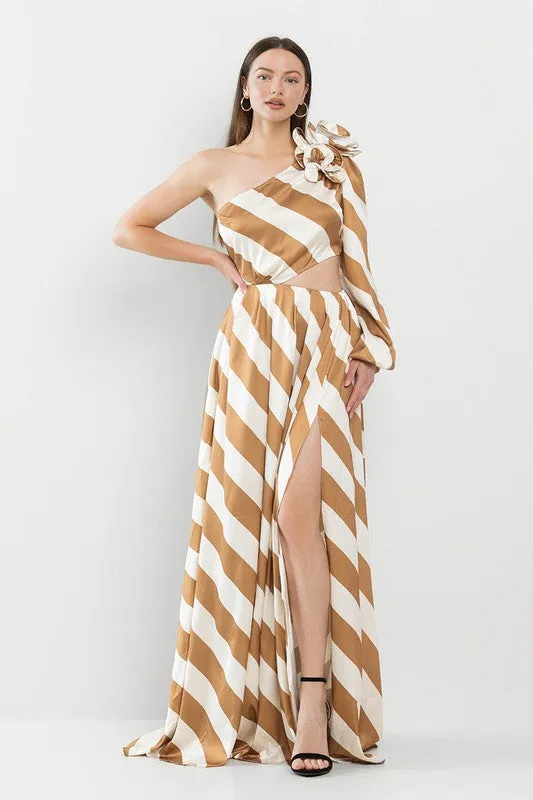 Bellucci Striped One Shoulder Maxi Gold