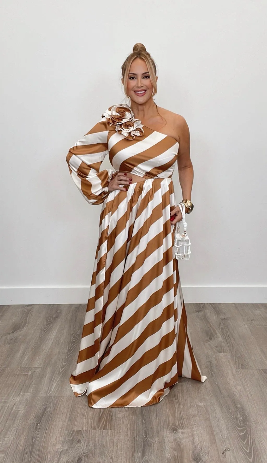 Bellucci Striped One Shoulder Maxi Gold