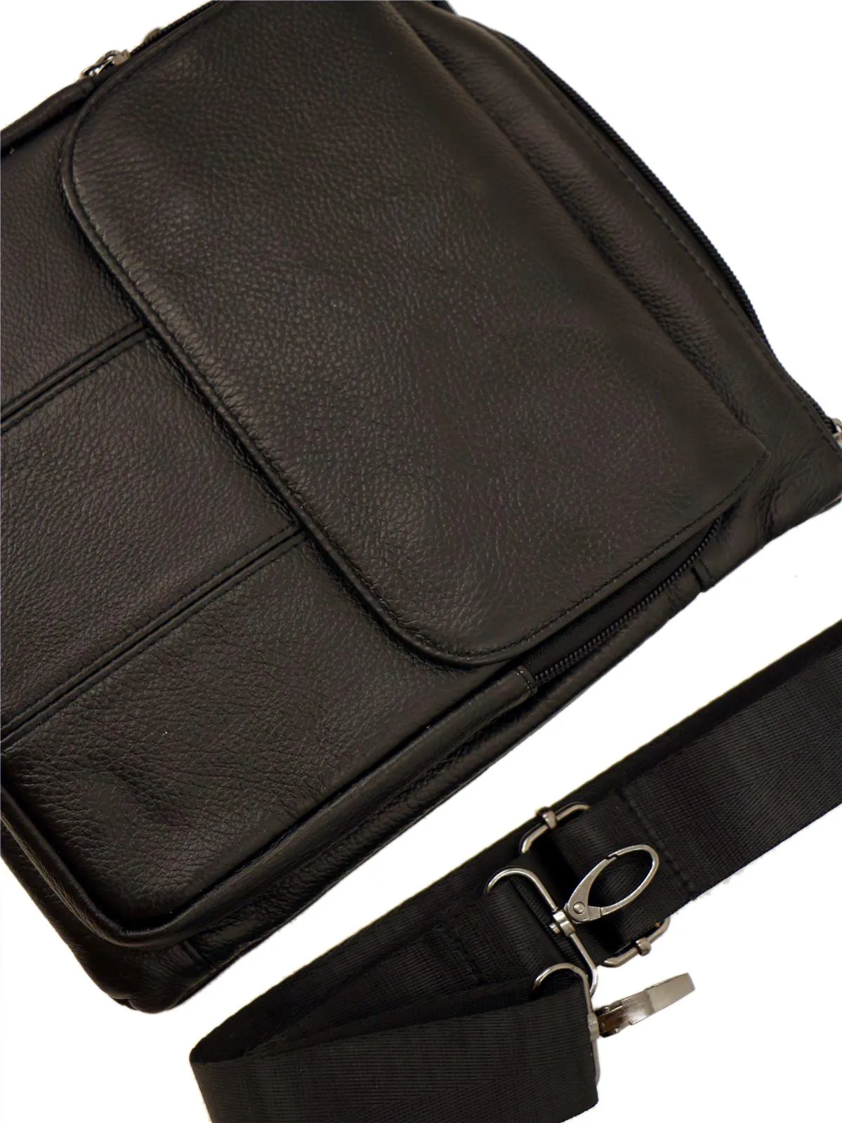 Black Leather Men's Vintage Style Panelled Crossbody Bag