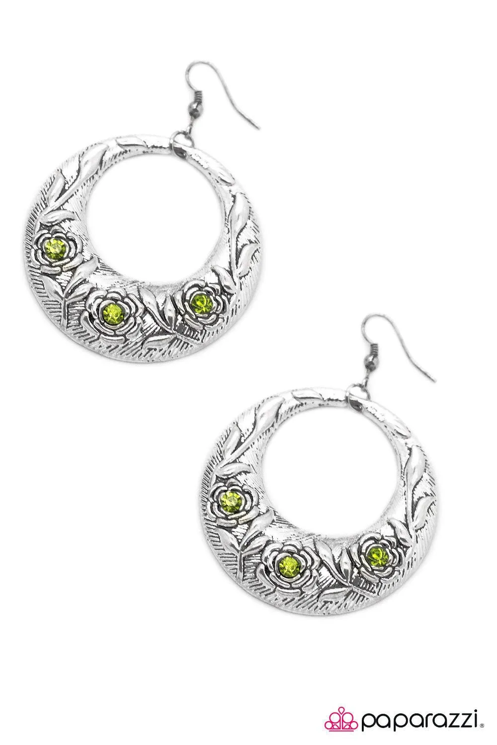 Blooming Borders Green Rhinestone and Silver Earrings - Paparazzi Accessories