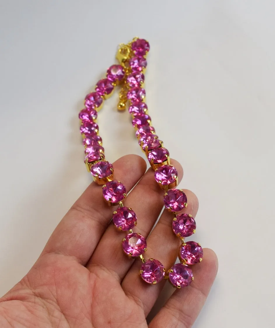 Bright Pink Crystal Collet Necklace - Small Round