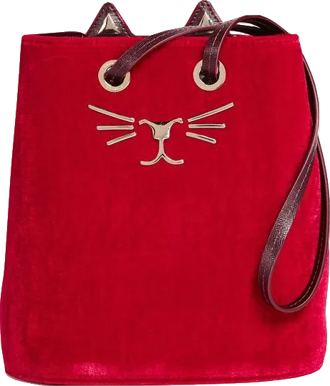 Charlotte Olympia Red Feline Cat Bucket Bag Velvet Cross Body/top Handle One Size