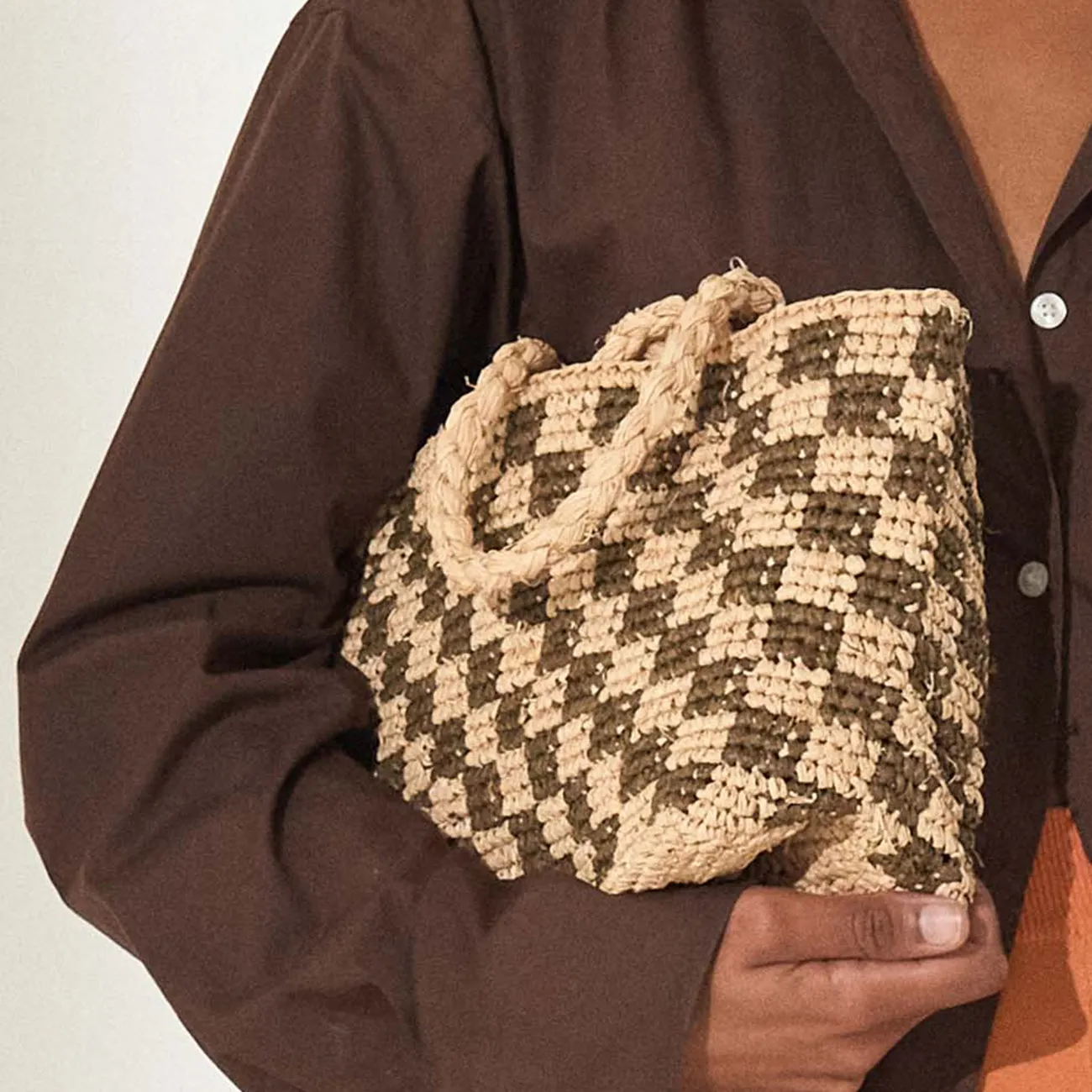 CHECK STRAW BAG SMALL NATURAL BROWN