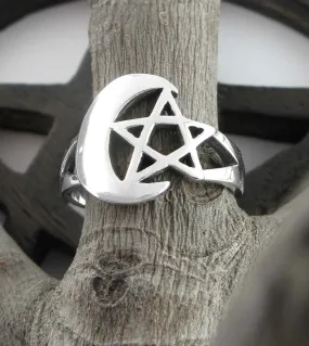 Crescent Moon & Pentagram Ring