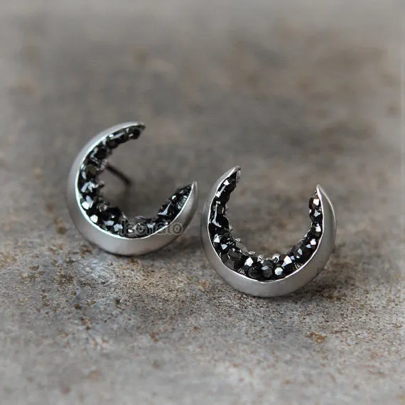 Crescent Moon and Black CZ Earrings / Moon earrings