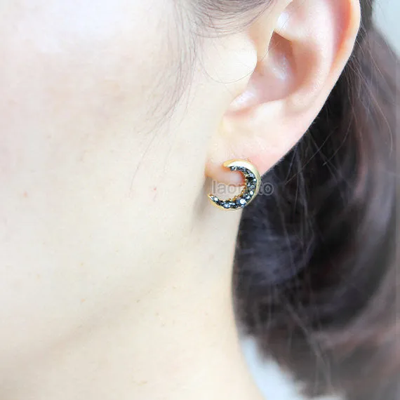 Crescent Moon and Black CZ Earrings / Moon earrings