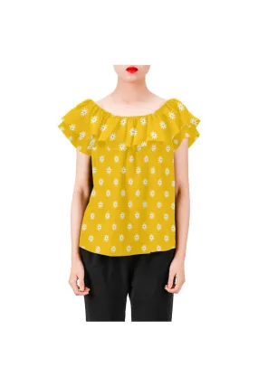 Gold Daisies Women's Off Shoulder Blouse with Ruffle