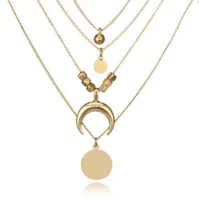 Gold Layered Crescent and Disc Necklace