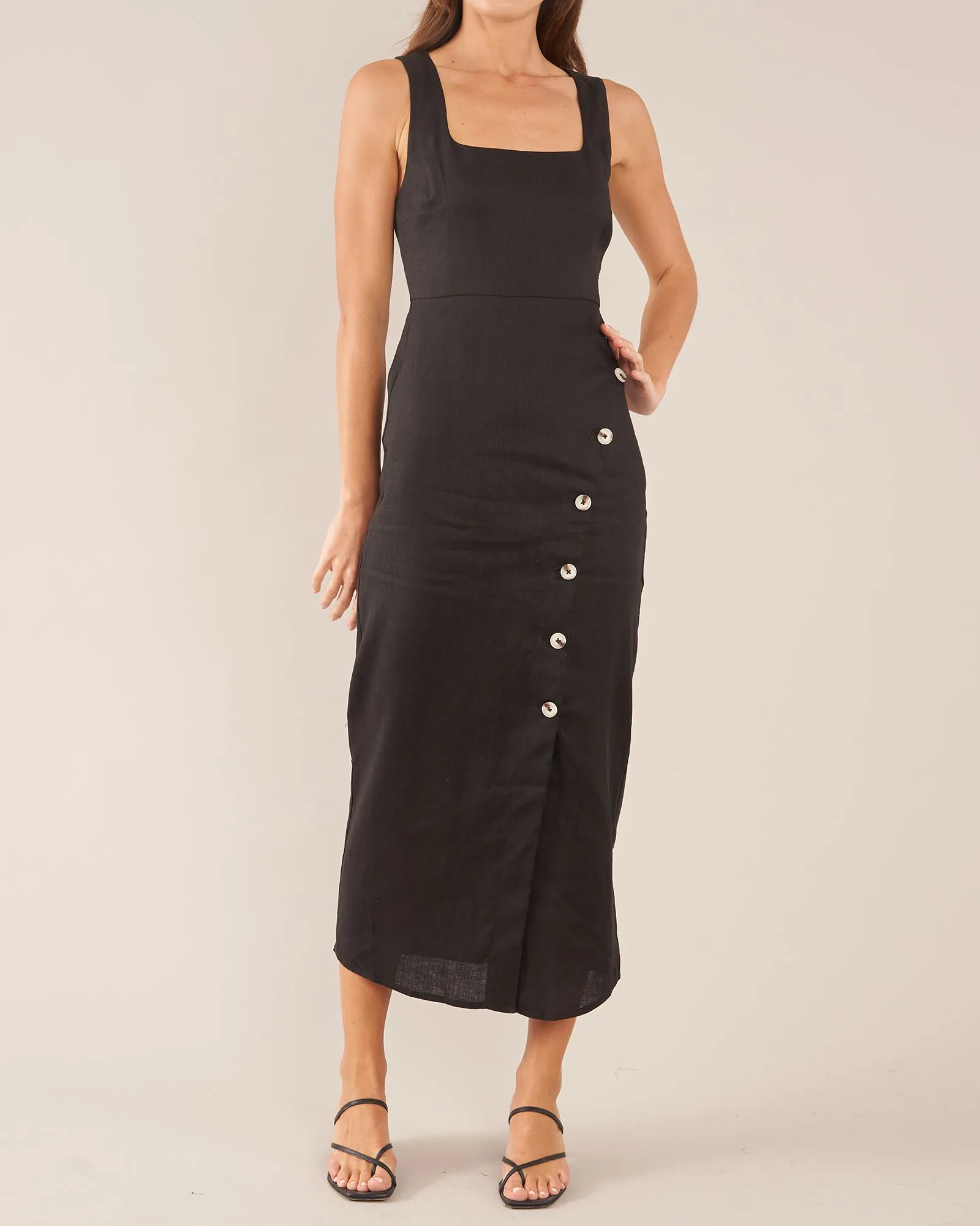 Imari Linen Midi Dress - Black