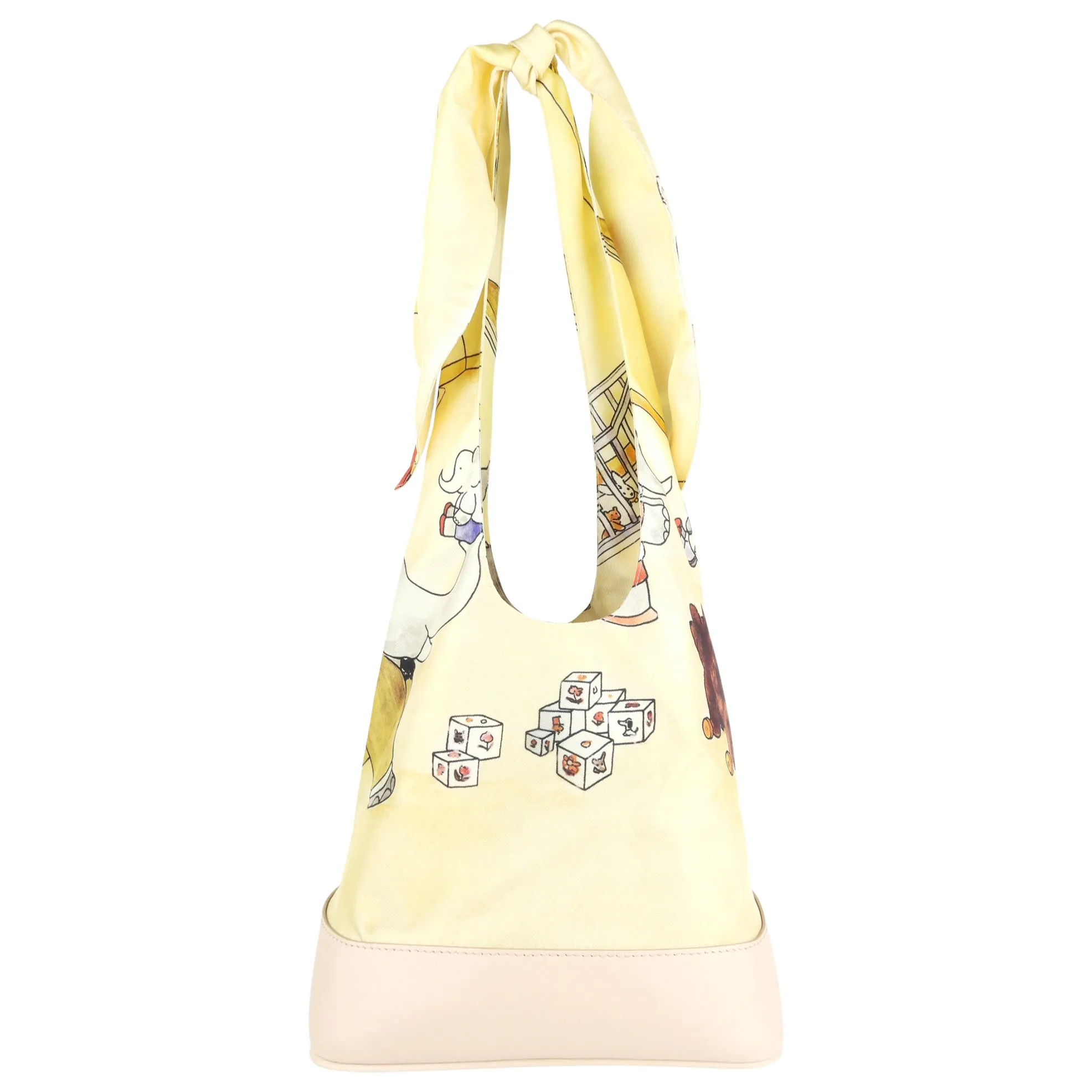 Lanvin Limited Edition Pastel Yellow Babar Printed Silk and Leather Hobo Bag