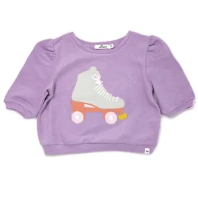 oh baby! Cotton Terry Puff Sleeve Boxy Sweatshirt - Roller Skate Applique - Lavender