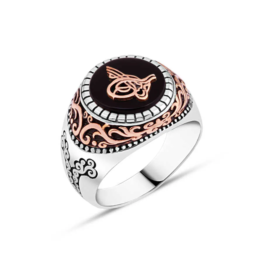 Ottoman Tughra on Small Circle Black Onyx Stone Silver Men's Ring with Wavy Top Pattern