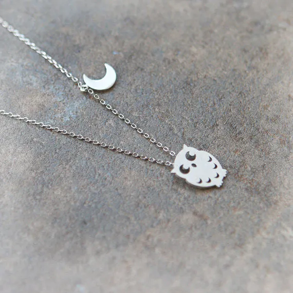 Owl and Moon Necklace in silver