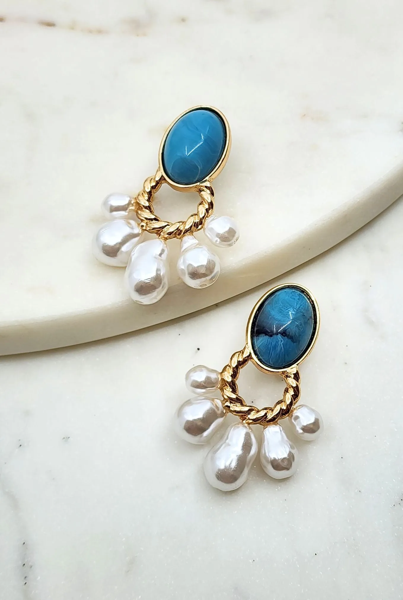 Round Turquoise Earrings with Pearl Accents