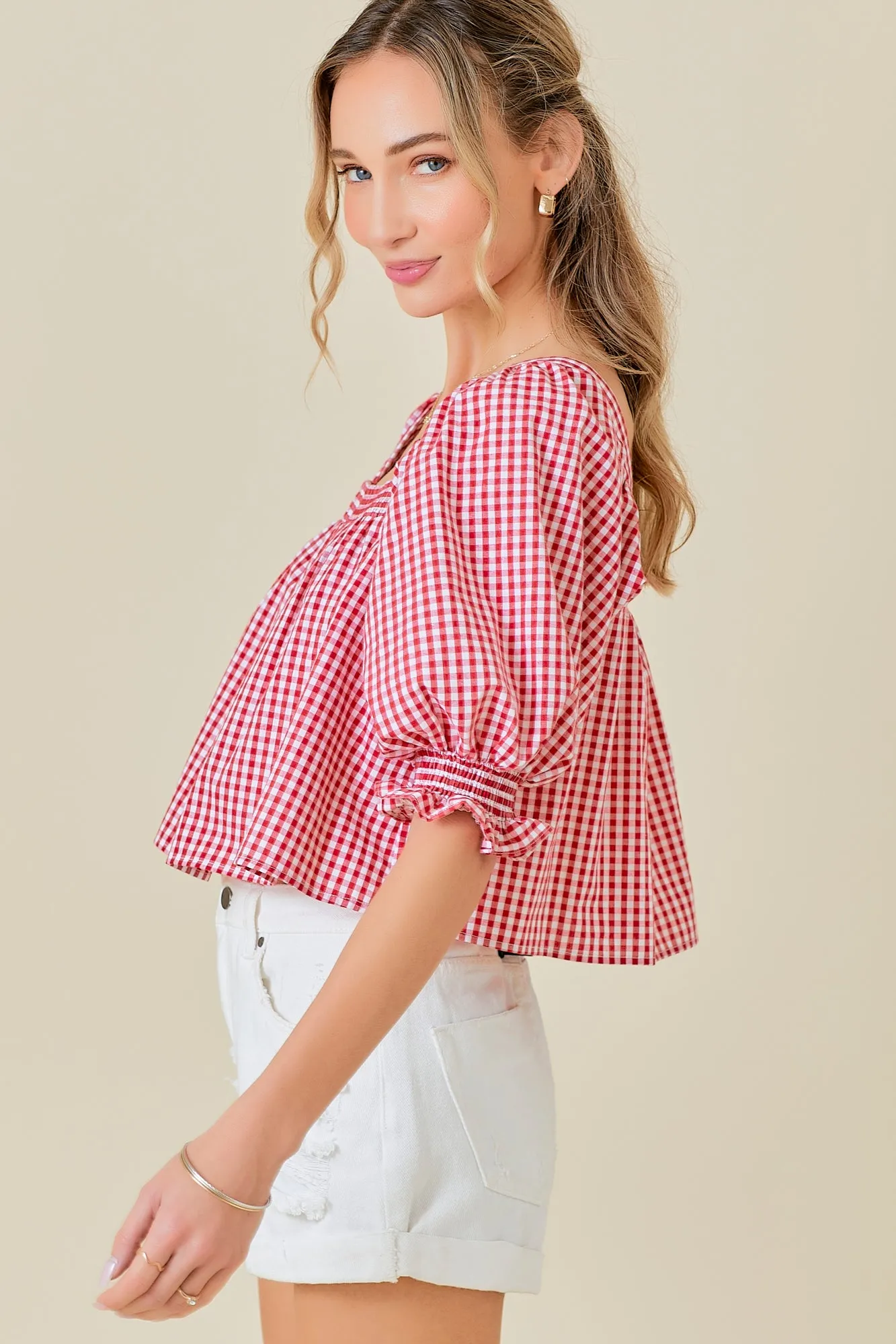 Square Neck Puff Sleeve Gingham Top