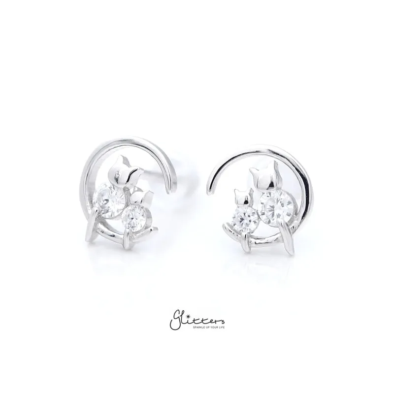 Sterling Silver Crescent Moon with CZ Cats Stud Earrings - Silver