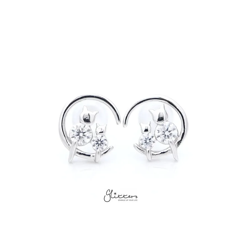 Sterling Silver Crescent Moon with CZ Cats Stud Earrings - Silver