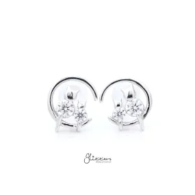 Sterling Silver Crescent Moon with CZ Cats Stud Earrings - Silver