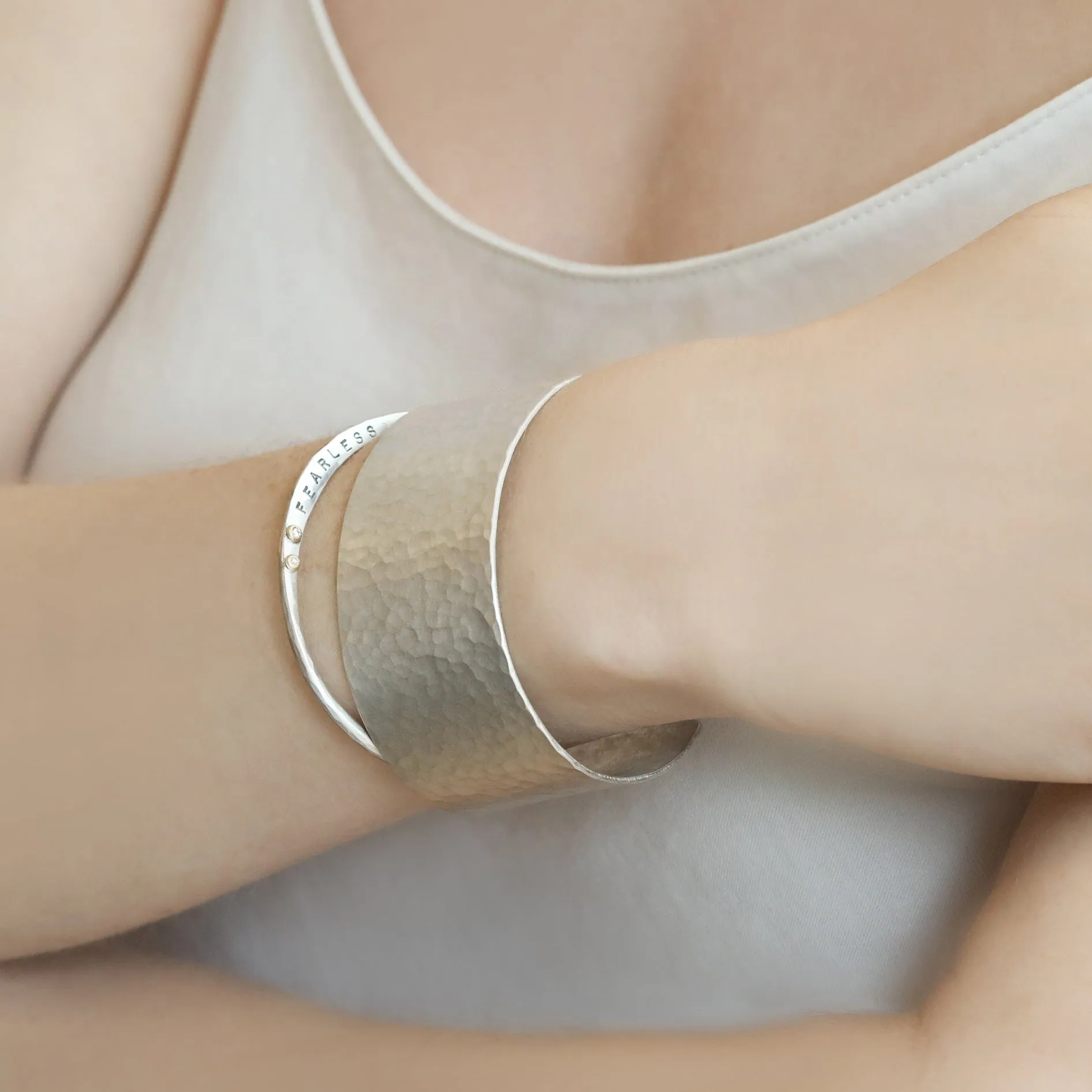 Sterling Silver Fearless Cuff with Diamonds