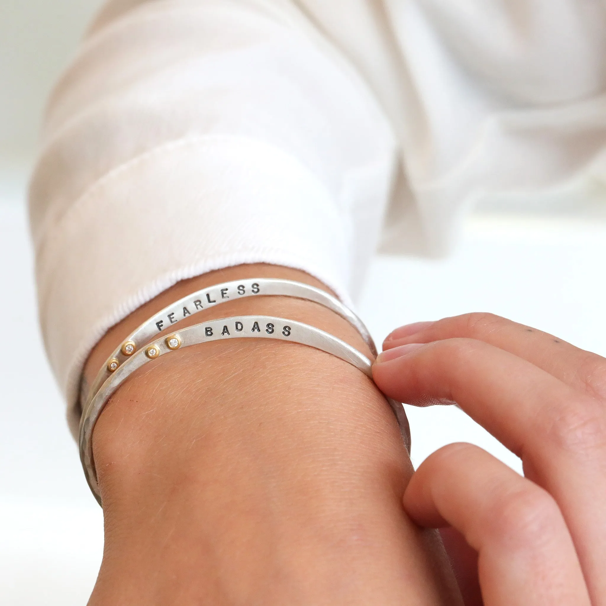 Sterling Silver Fearless Cuff with Diamonds