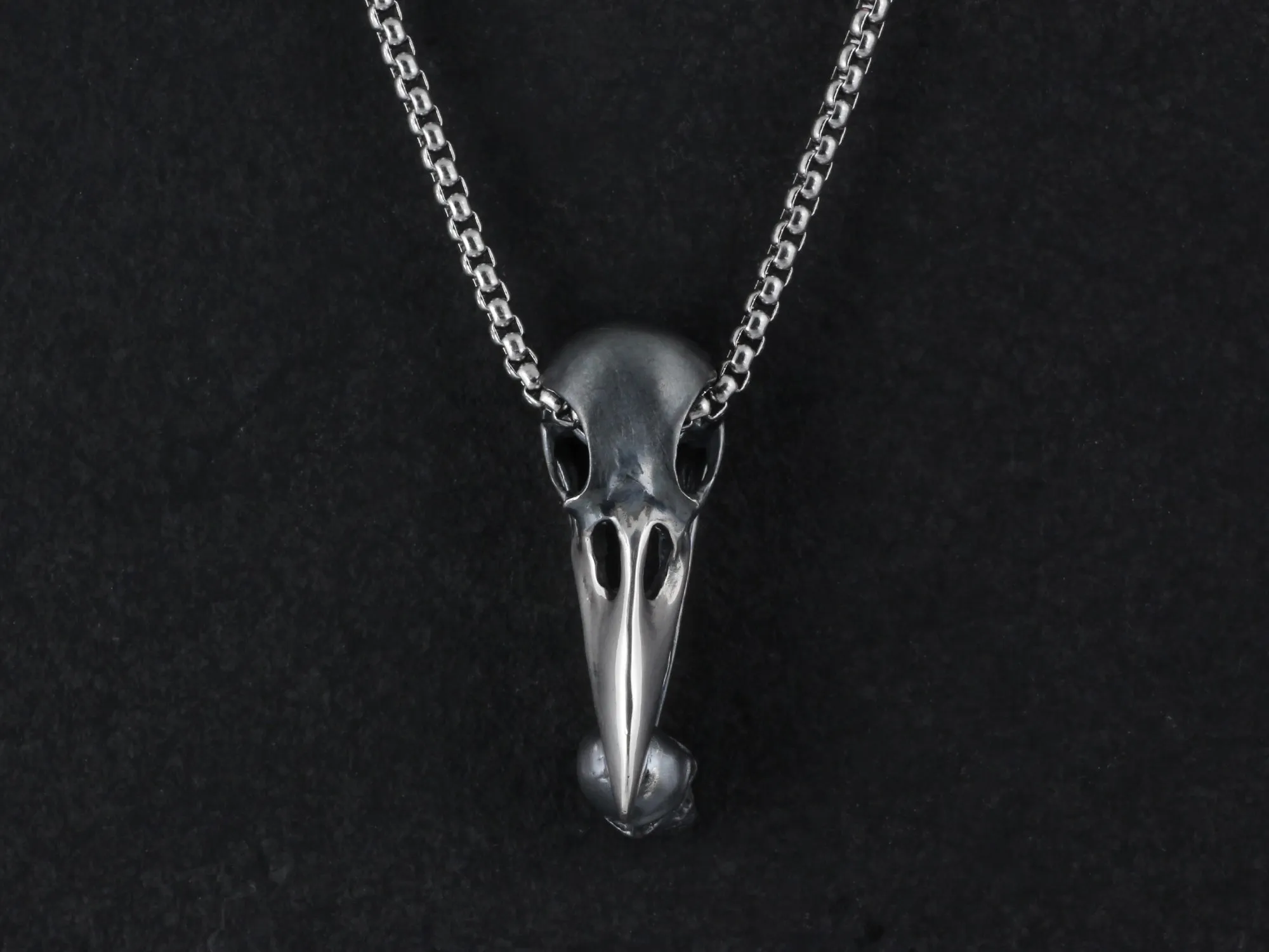 Sterling Silver Raven Skull with Human Skull Necklace