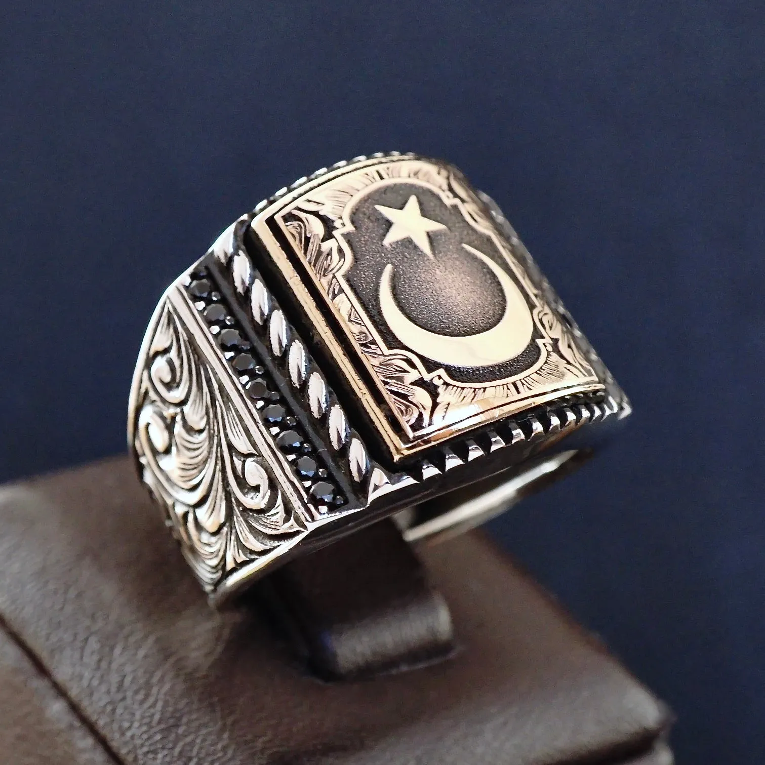 Sterling Silver Ring Crescent Star Turkish Men's Jewelry Engraved Onyx micro setting