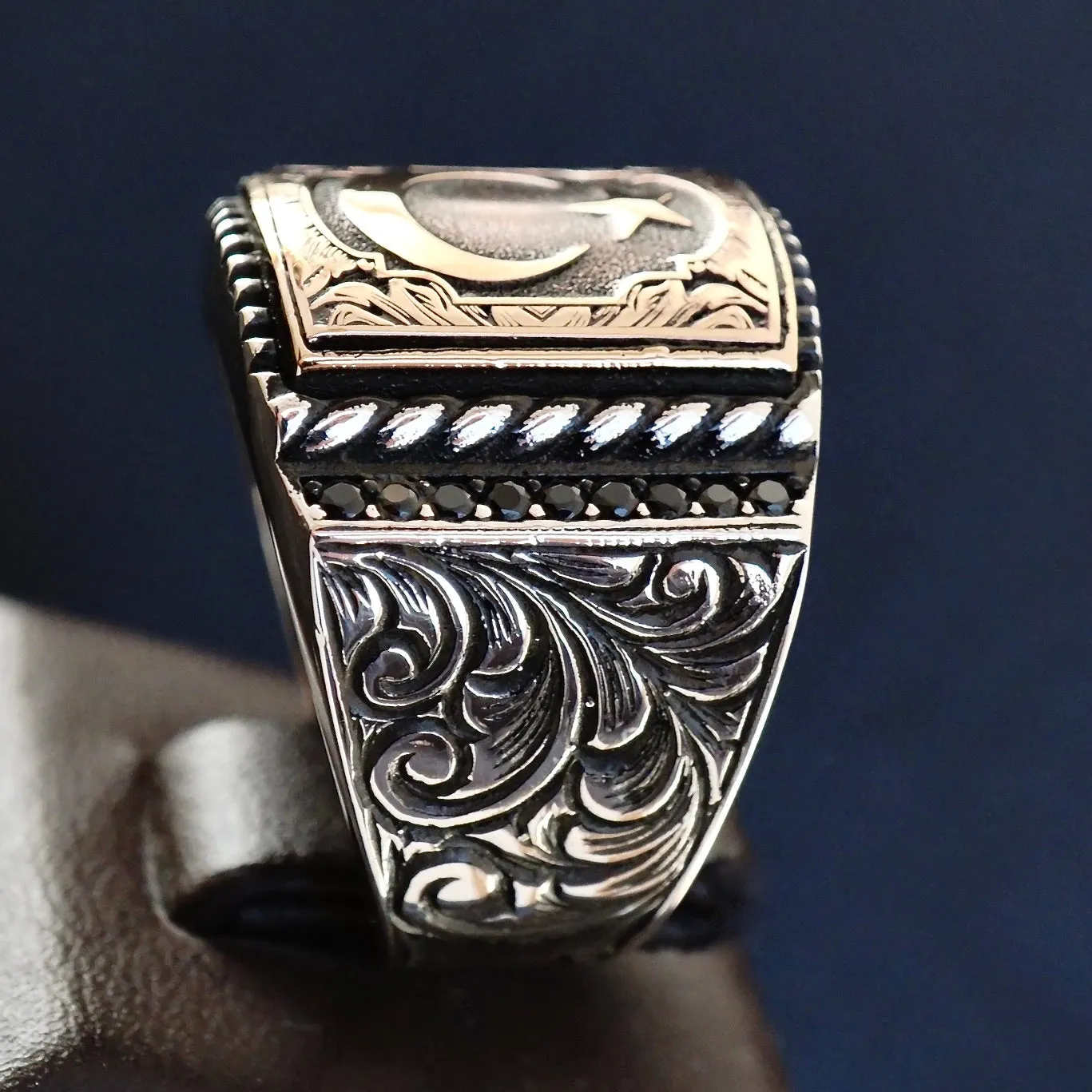 Sterling Silver Ring Crescent Star Turkish Men's Jewelry Engraved Onyx micro setting