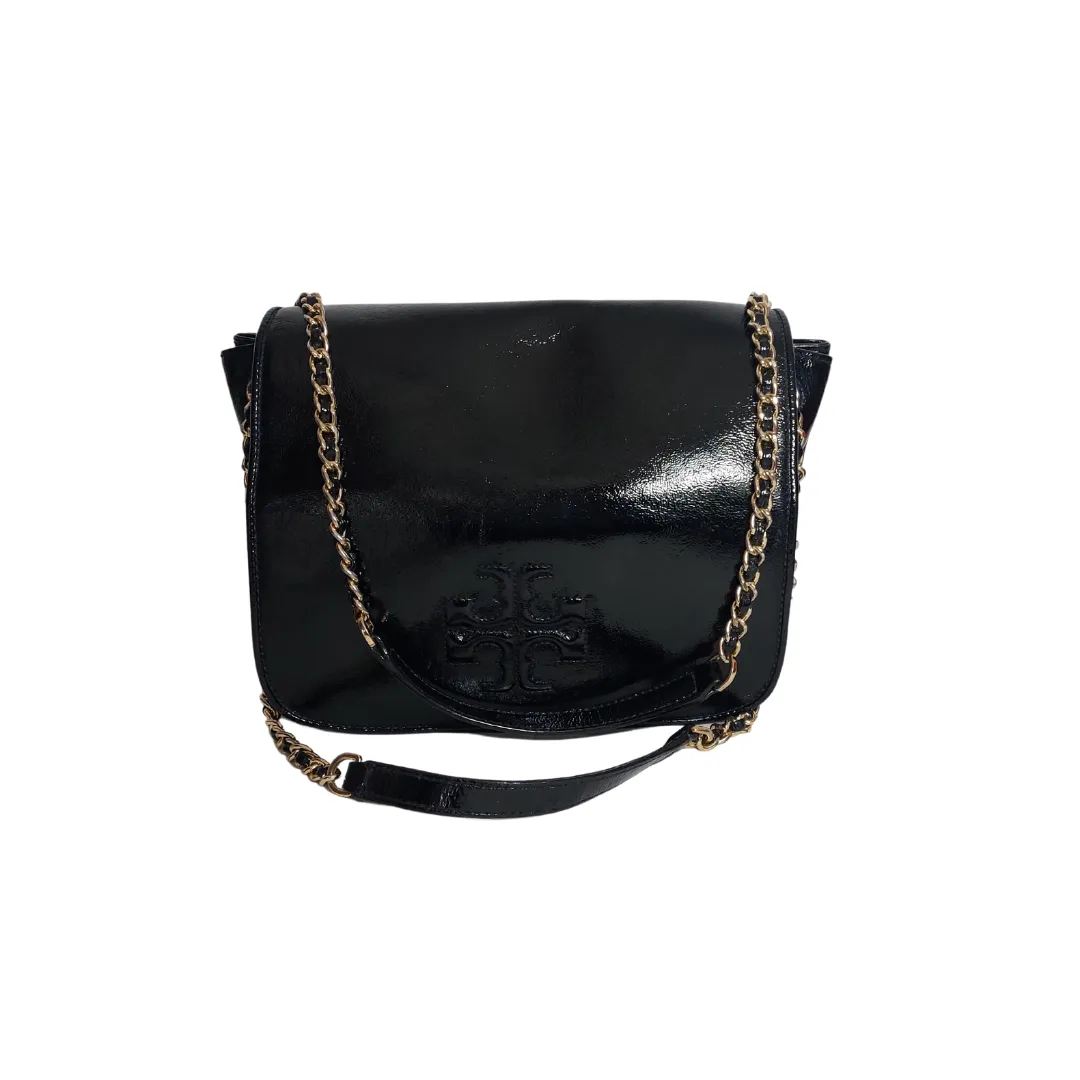 Tory Burch Black Patent Leather Charlie Flap Shoulder Bag | Gently Used |