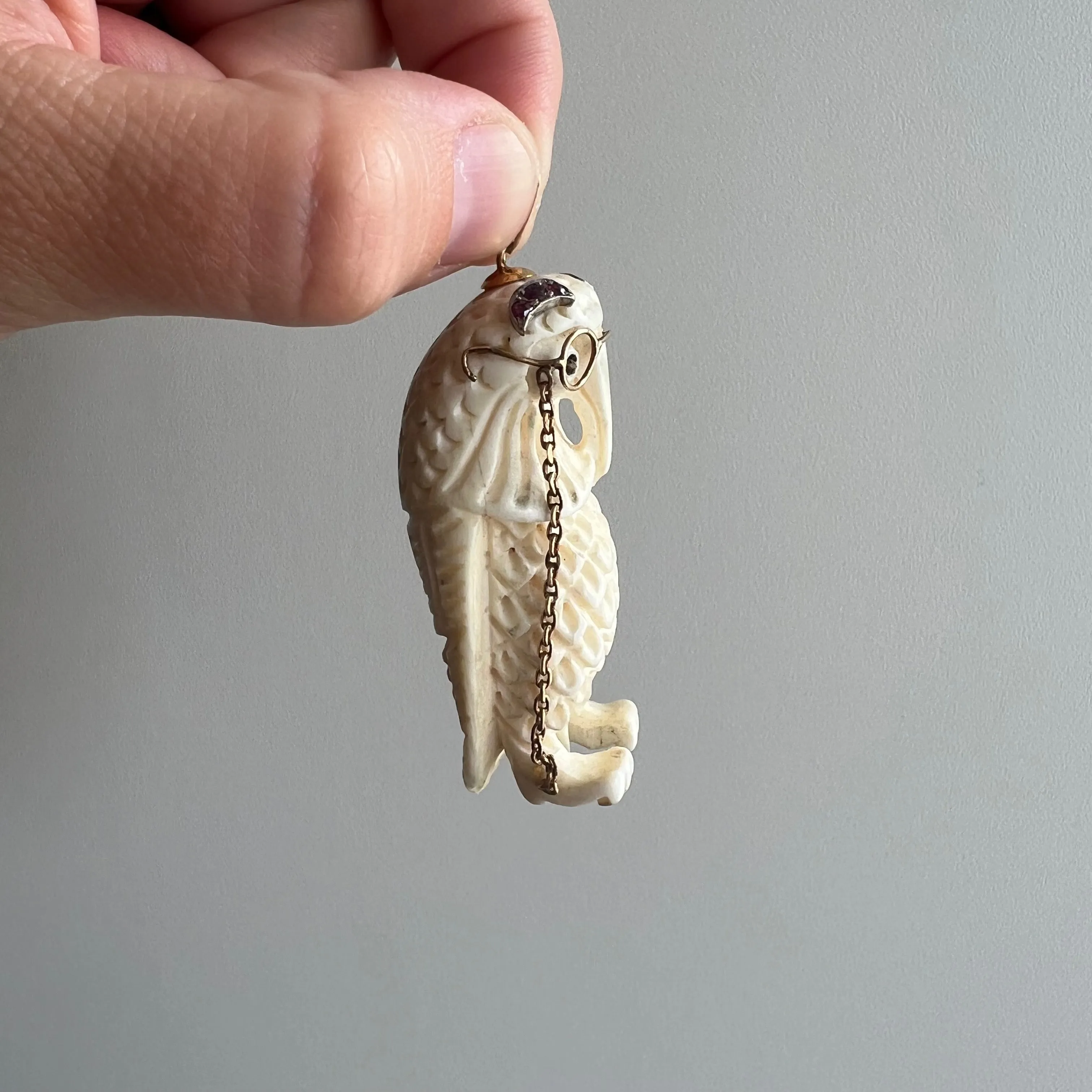 V I N T A G E // parliamentary matriarch / HUGE carved bone owl pendant with 14k and ruby accents