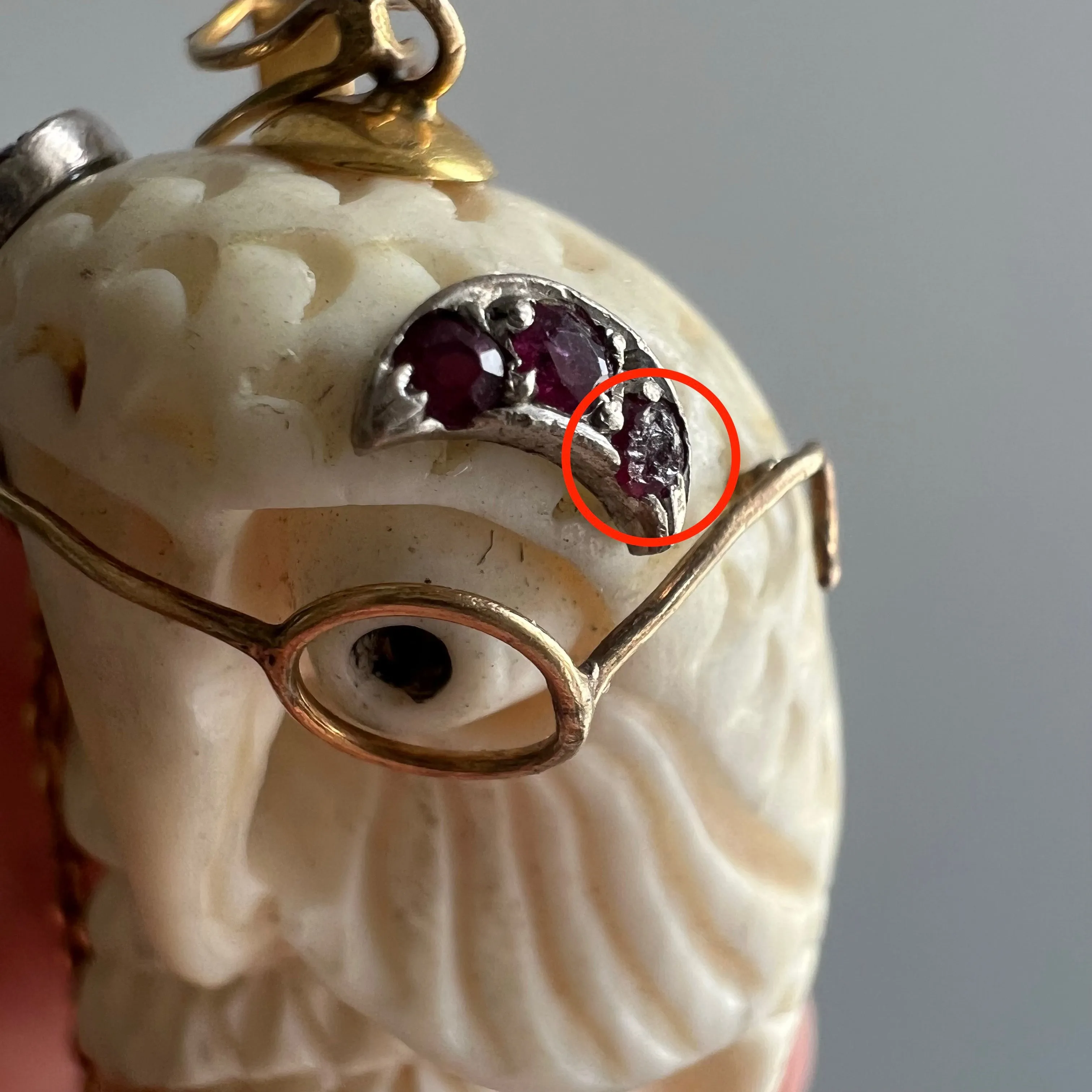 V I N T A G E // parliamentary matriarch / HUGE carved bone owl pendant with 14k and ruby accents