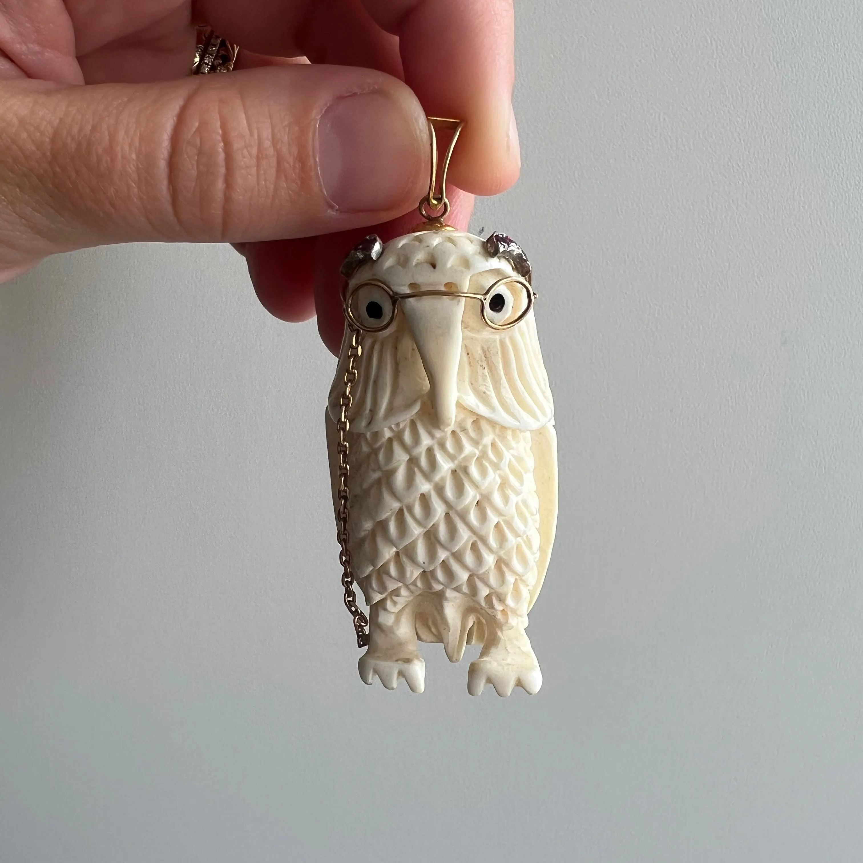 V I N T A G E // parliamentary matriarch / HUGE carved bone owl pendant with 14k and ruby accents