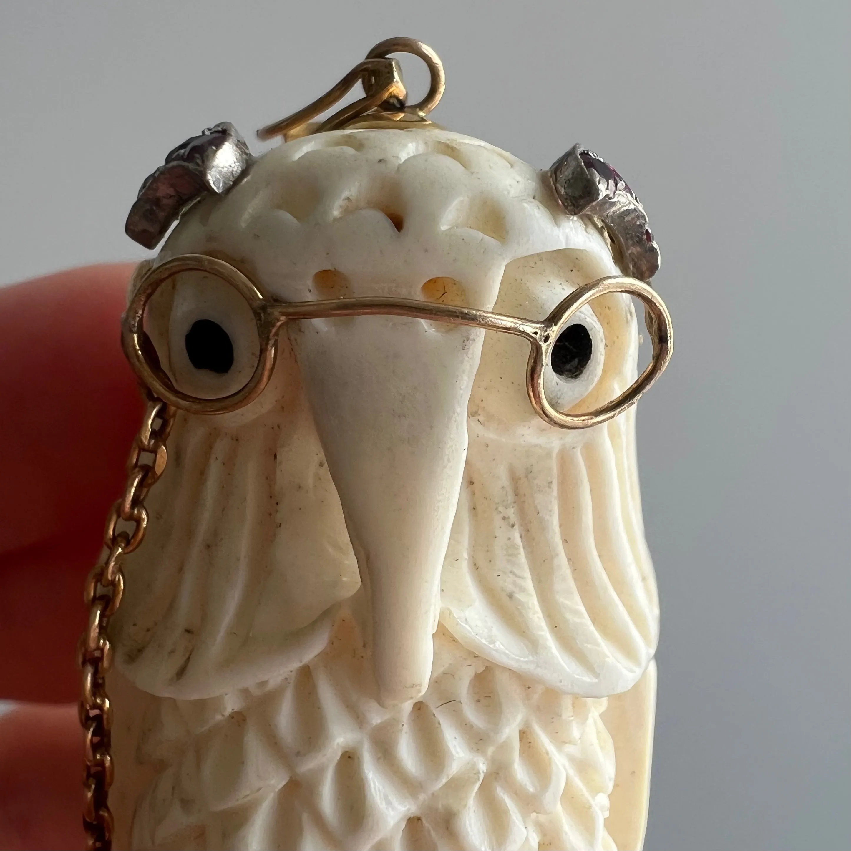 V I N T A G E // parliamentary matriarch / HUGE carved bone owl pendant with 14k and ruby accents