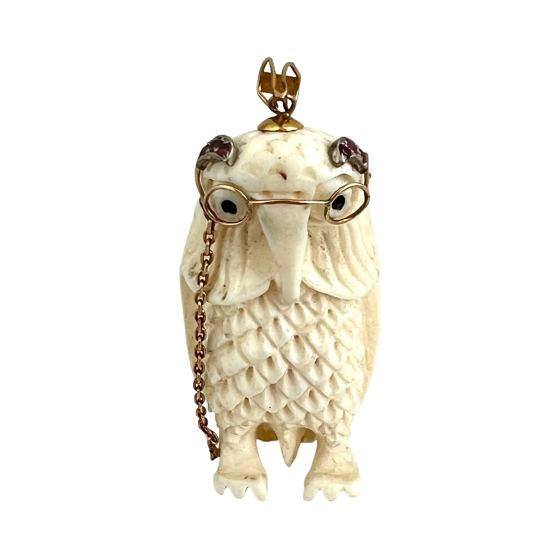 V I N T A G E // parliamentary matriarch / HUGE carved bone owl pendant with 14k and ruby accents