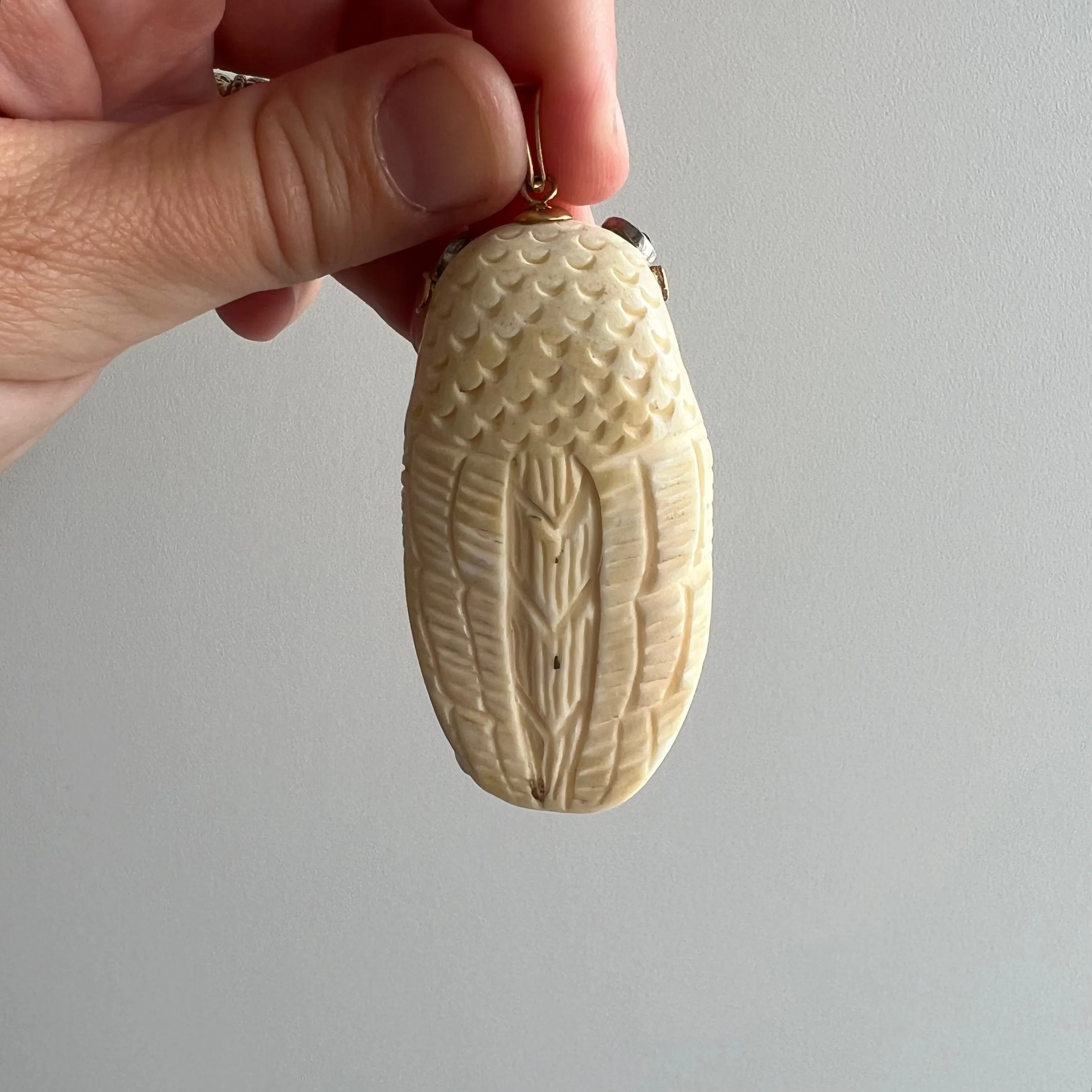 V I N T A G E // parliamentary matriarch / HUGE carved bone owl pendant with 14k and ruby accents