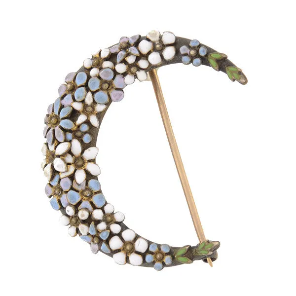 Victorian 12kt Enamel Flower Crescent Pin