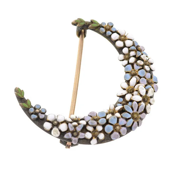 Victorian 12kt Enamel Flower Crescent Pin