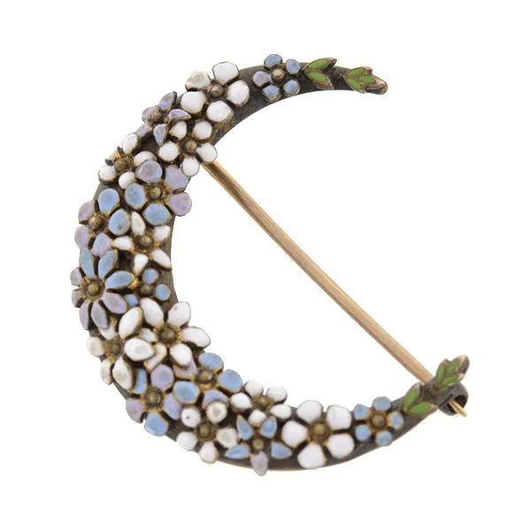 Victorian 12kt Enamel Flower Crescent Pin