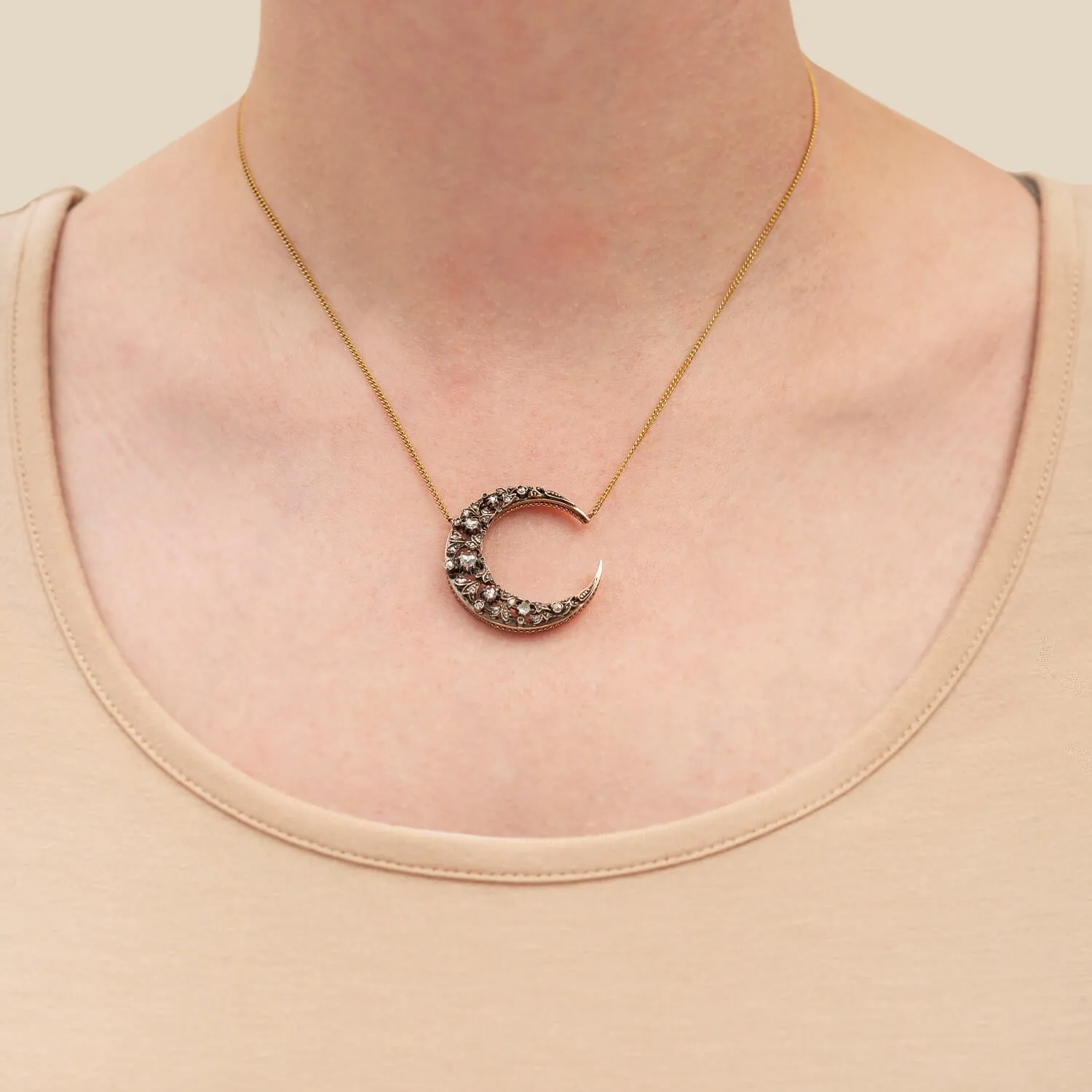 Victorian 18k   Sterling Topped Diamond Crescent Moon Necklace