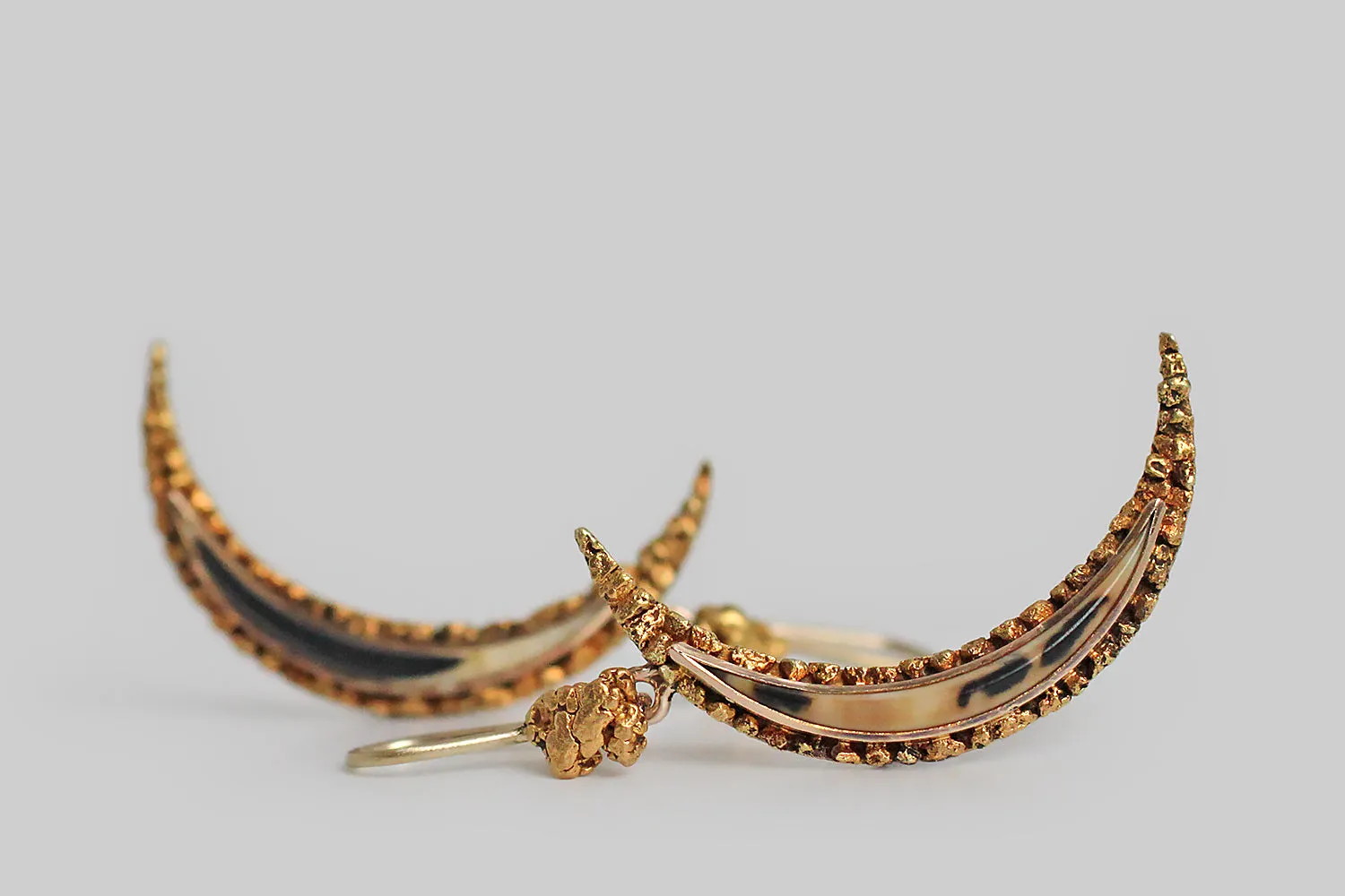 Victorian Era Natural Nugget & Horn Crescent Moon Earrings in 14k Gold